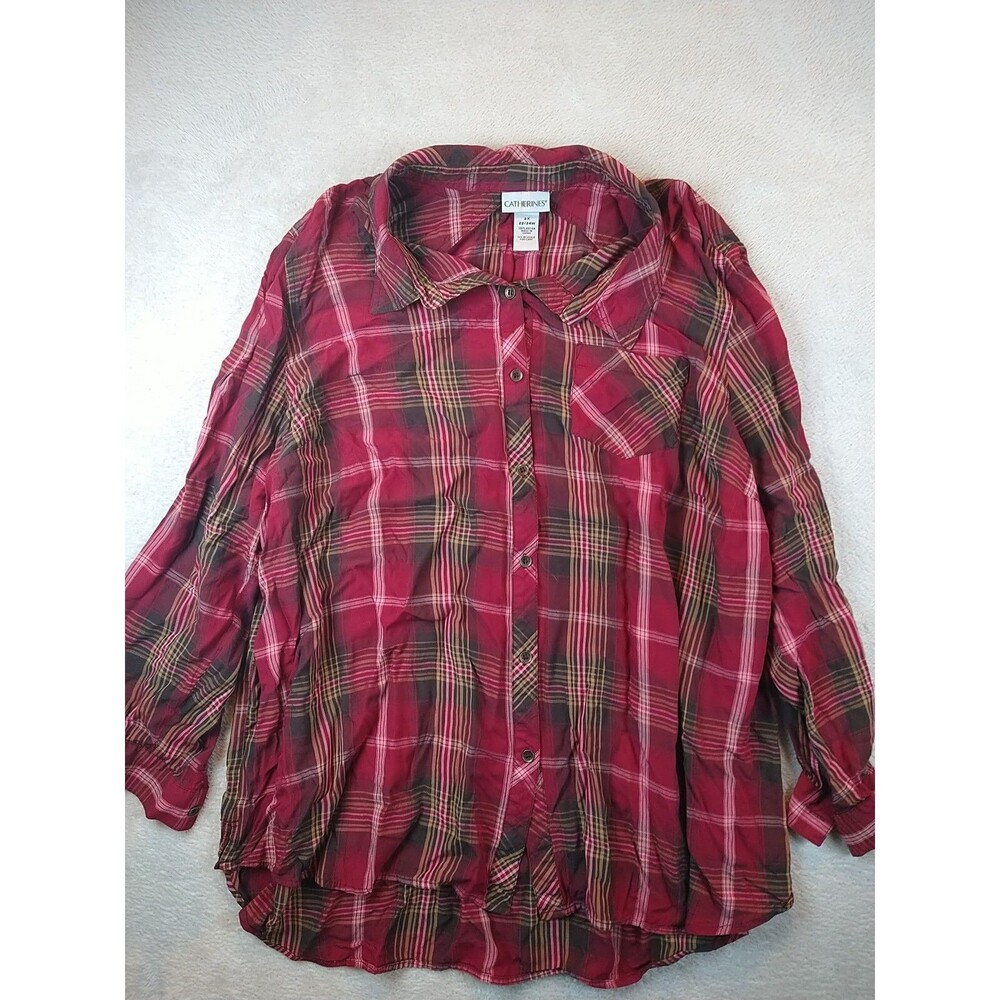 Catherines plaid button shirt top women's 2x 22/24w 3/4 sleeve red collar